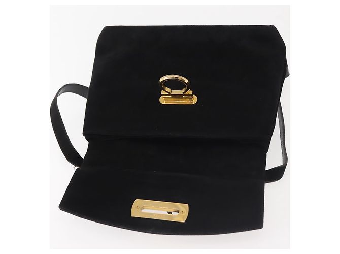 Borsa a Spalla Gancini in Pelle Scamosciata Nera e Oro Salvatore Ferragamo Auth 142668 Nero D'oro - vista 19