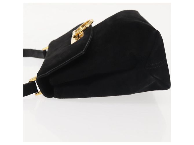 Borsa a Spalla Gancini in Pelle Scamosciata Nera e Oro Salvatore Ferragamo Auth 142668 Nero D'oro - vista 4