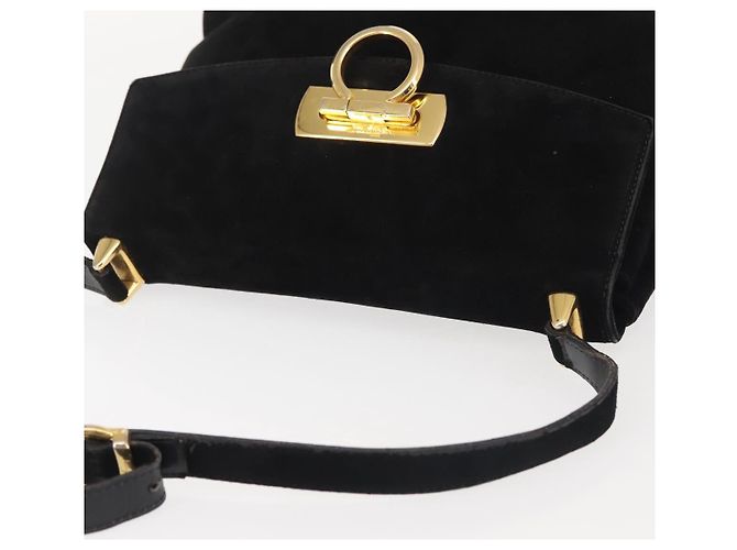 Borsa a Spalla Gancini in Pelle Scamosciata Nera e Oro Salvatore Ferragamo Auth 142668 Nero D'oro - vista 6