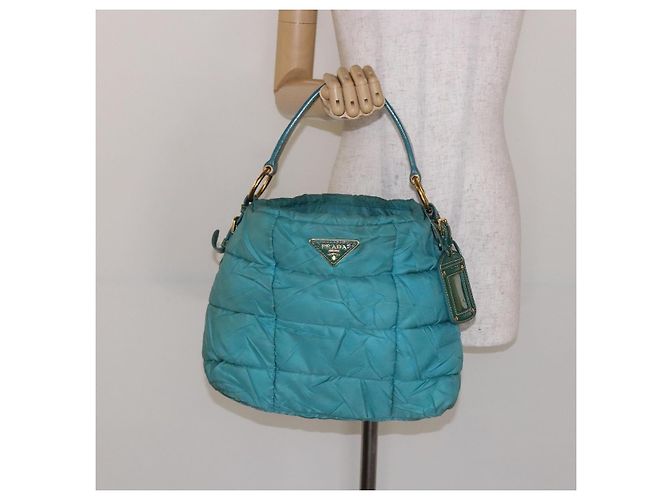 Borsa a Spalla PRADA Nylon Blu Oro Auth 141518 D'oro - vista 23