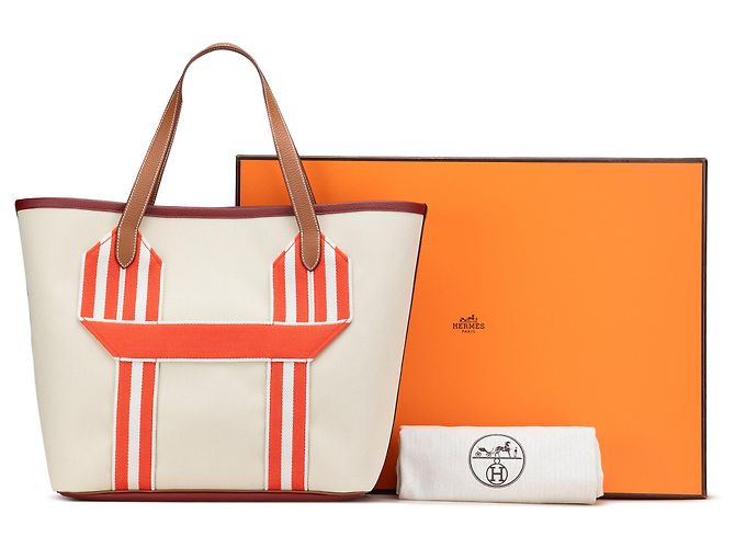 Trim Borsa Tote Pursangle in Toile e Clémence Marrone Hermès Beige - vista 11