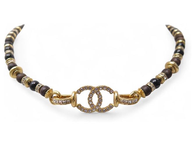 NUOVO COLLIER CHOKER CHANEL LOGO CC CON STRASS E PERLE NERE IN LEGNO D'oro - vista 2