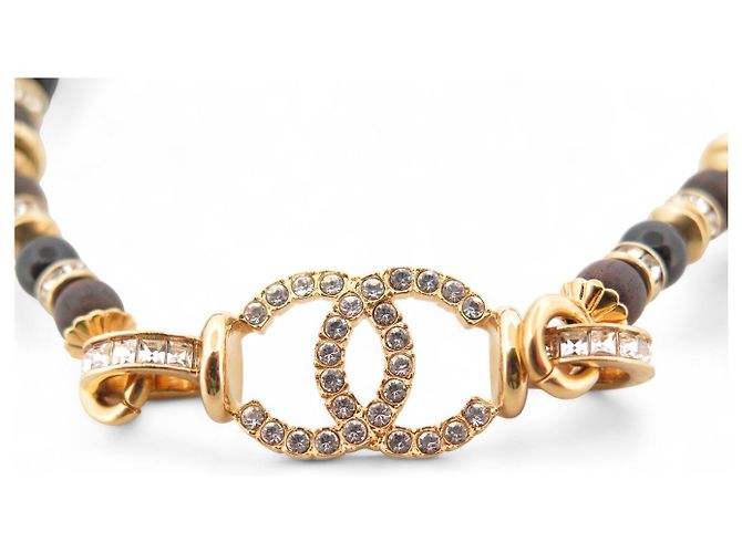 NUOVO COLLIER CHOKER CHANEL LOGO CC CON STRASS E PERLE NERE IN LEGNO D'oro - vista 3