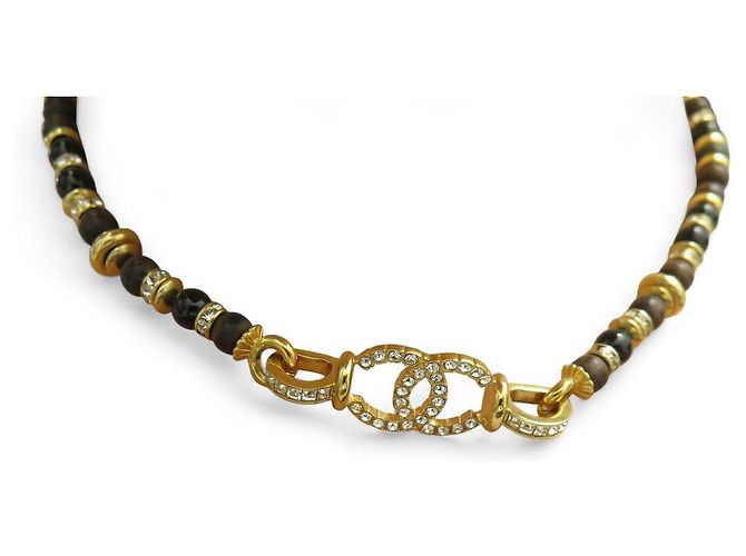 NUOVO COLLIER CHOKER CHANEL LOGO CC CON STRASS E PERLE NERE IN LEGNO D'oro - vista 8