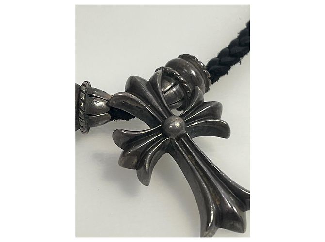 Colar de couro trançado Chrome Hearts Cross - com sinais visíveis de uso Preto Prata - vista 2