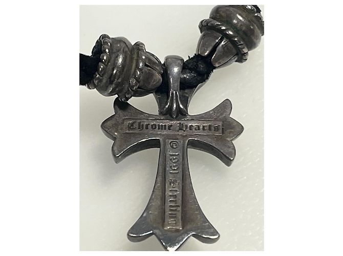 Colar de couro trançado Chrome Hearts Cross - com sinais visíveis de uso Preto Prata - vista 3
