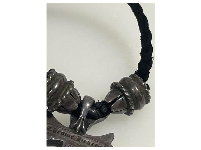 Colar de couro trançado Chrome Hearts Cross - com sinais visíveis de uso Preto Prata - vista 5