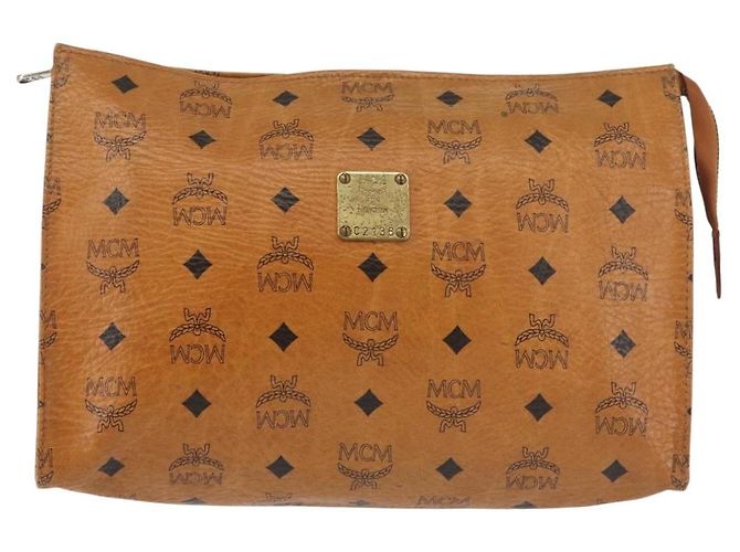 MCM Logogram Vicetos Bolso Clutch de Cuero PVC Marrón Dorado Auth am9102 - vista 2