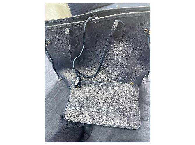 Louis Vuitton Neverfull MM Borsa in Pelle Blu Navy - vista 5