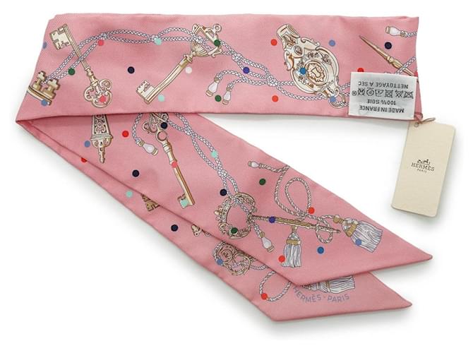 Hermès Les Cles a Pois Silk Twilly Rosa - vista 5