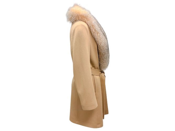 Autre Marque Fleurette Camel Fox Fur Collar Wool Wrap Coat with Belt - view 2