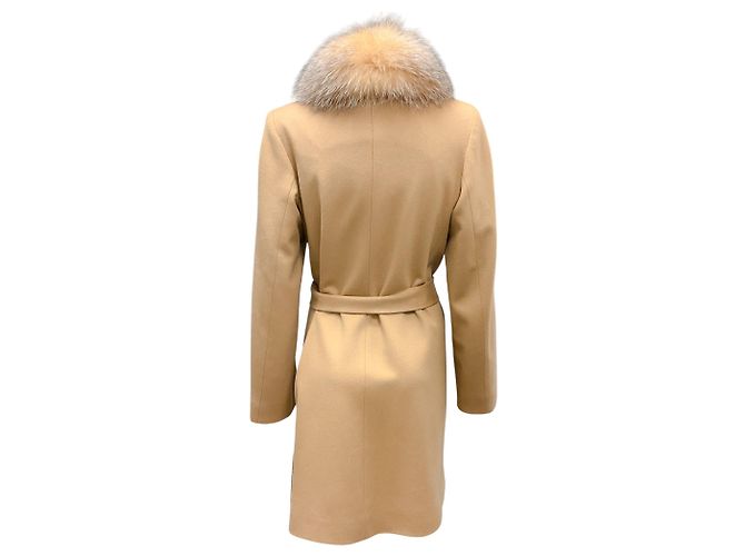 Autre Marque Fleurette Camel Fox Fur Collar Wool Wrap Coat with Belt - view 3
