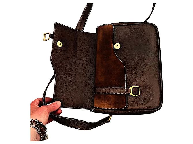 Borsa a tracolla Gucci in suede e pelle marrone - vista 10