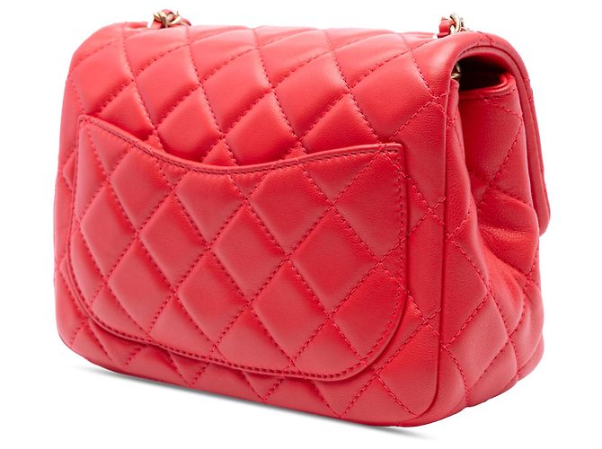 Chanel Rote Mini Quadrat Klassisch aus Lammleder Perlenzerknitterte Einzelflap - Ansicht 2
