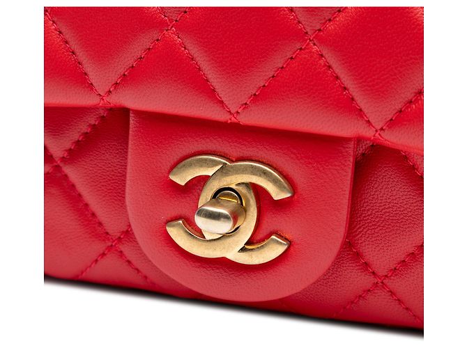Chanel Rote Mini Quadrat Klassisch aus Lammleder Perlenzerknitterte Einzelflap - Ansicht 6