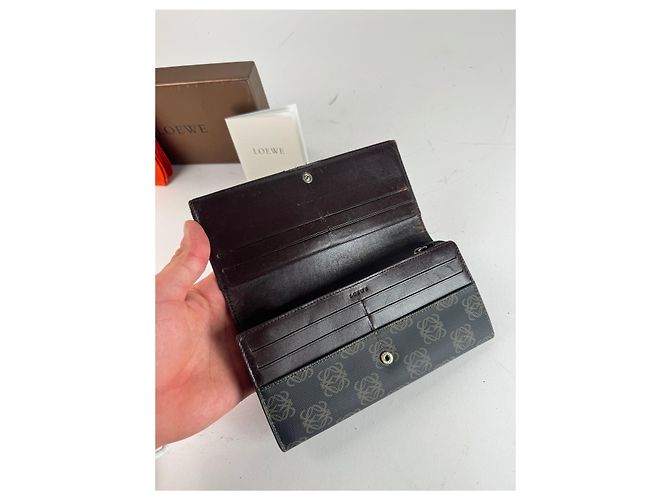 Vintage Loewe Anagram Leather Wallet Navy Brown - view 8
