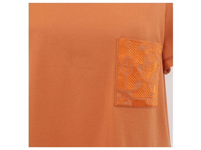 Hermès T-shirt à manches courtes en coton orange brodé avec poche Hermes - vue 4