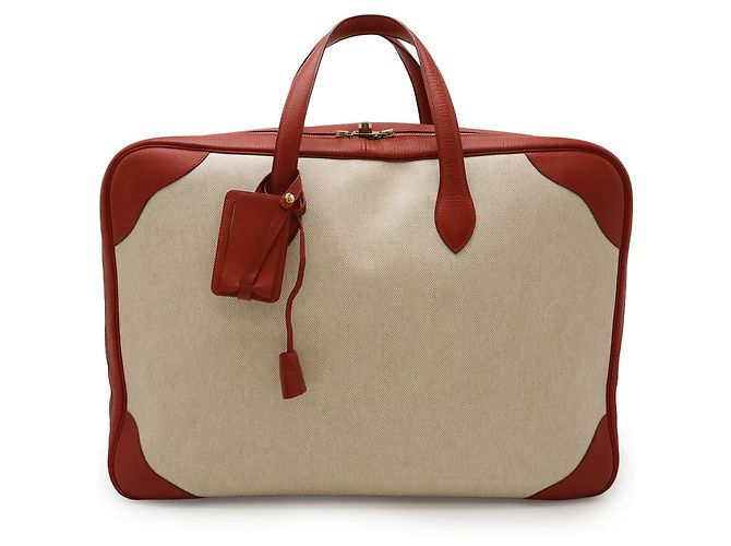 Borsa Boston/Voyage Hermès Victoria 50 in beige e rosso - vista 2