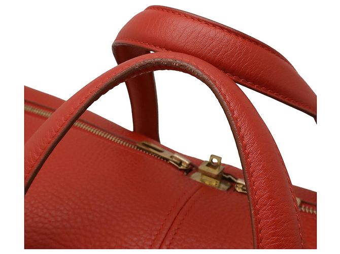 Borsa Boston/Voyage Hermès Victoria 50 in beige e rosso - vista 7
