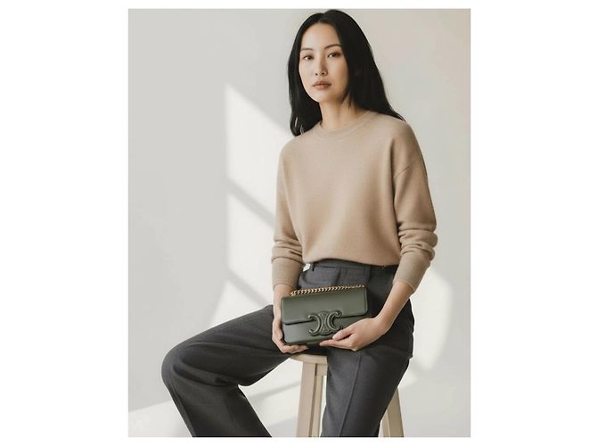Bolsa de ombro Céline Triomphe Flap Chain em couro caqui Cinza - vista 10