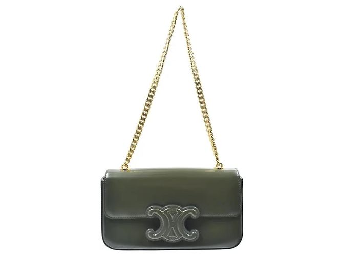 Bolsa de ombro Céline Triomphe Flap Chain em couro caqui Cinza - vista 2