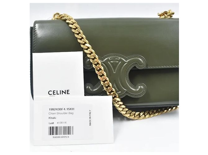Bolsa de ombro Céline Triomphe Flap Chain em couro caqui Cinza - vista 3