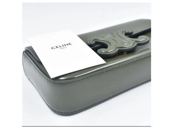 Bolsa de ombro Céline Triomphe Flap Chain em couro caqui Cinza - vista 5