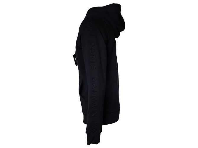 Balmain, schwarzer Kapuzencardigan mit geprägtem Logo - Ansicht 3