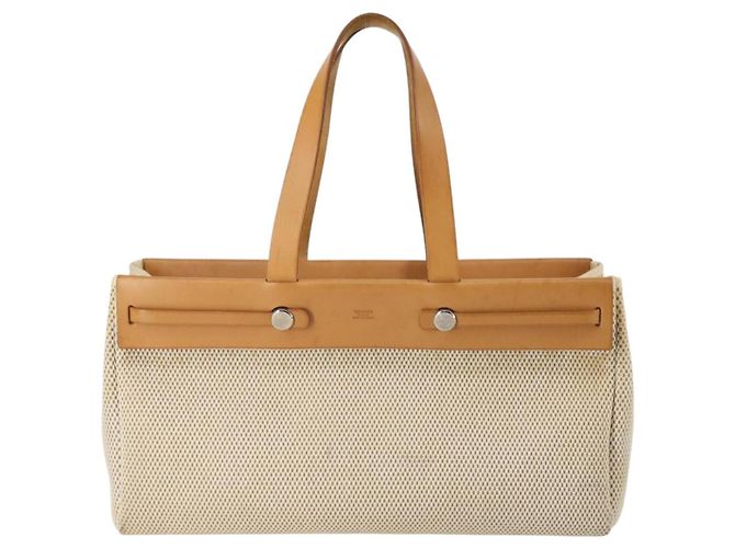 Hermès Herbag Cabas in Tela e Pelle GM Beige - vista 2