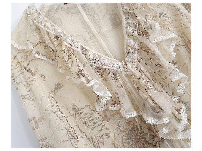 Blusa de seda con volantes estampada con mapa Alexander McQueen Primavera 2005 Crudo - vista 2
