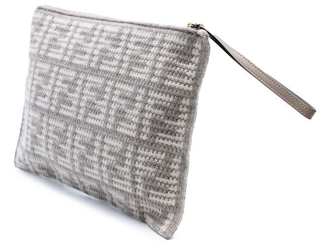 Fendi Gray Large Woven Fabric and Calfskin FF Flat Pouch Brown - view 2