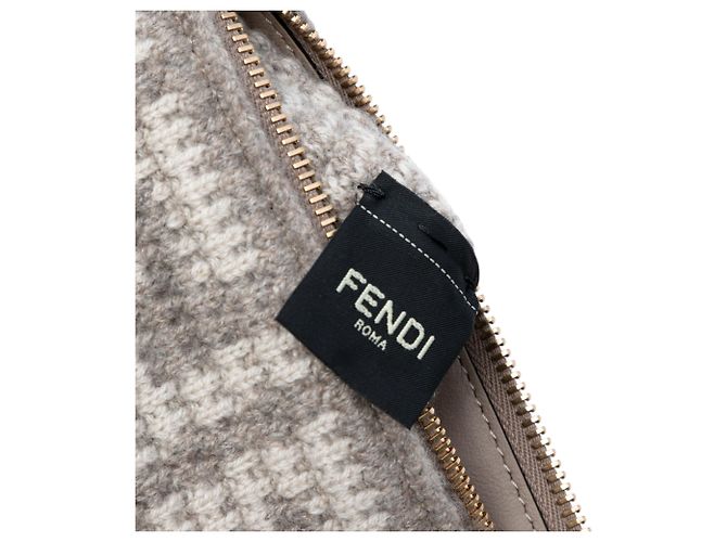 Fendi Gray Large Woven Fabric and Calfskin FF Flat Pouch Brown - view 5