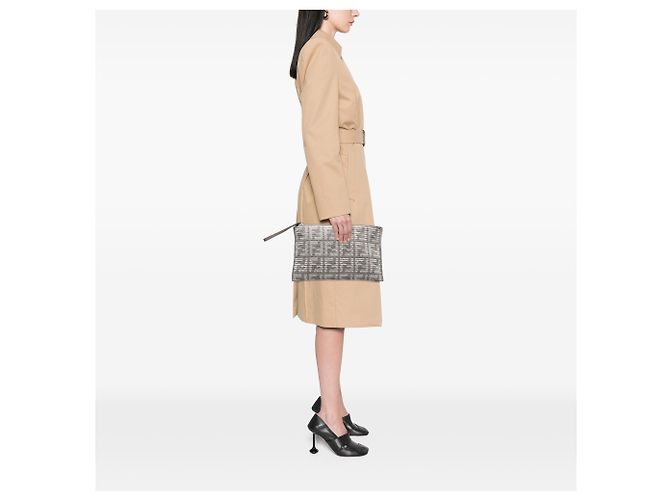 Fendi Gray Large Woven Fabric and Calfskin FF Flat Pouch Brown - view 7