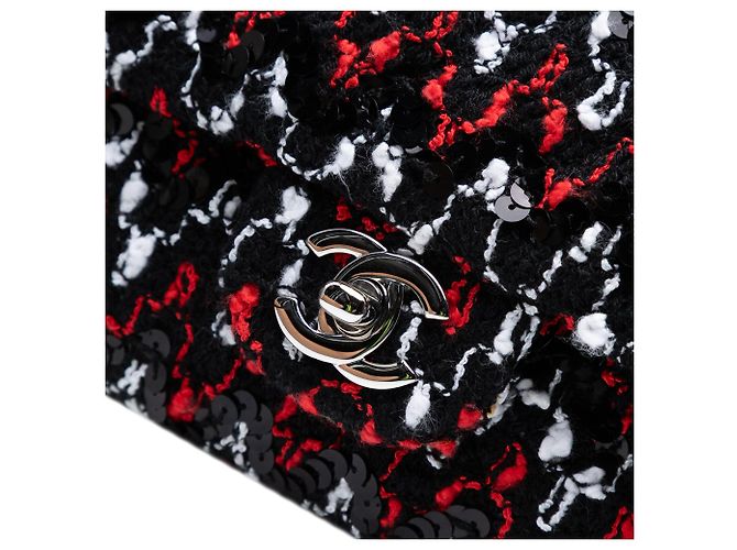 Chanel Nero Medio Classico Tweed Doppio Flap con Paillettes - vista 6