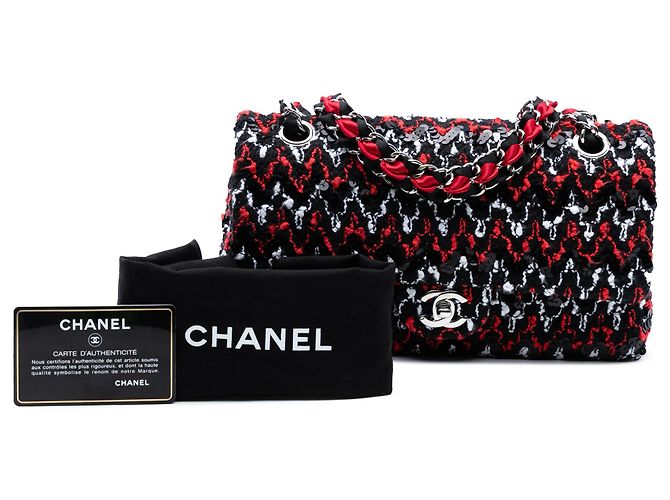 Chanel Nero Medio Classico Tweed Doppio Flap con Paillettes - vista 8