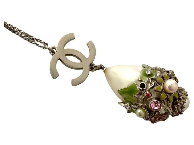 Halskette mit Metallkette und falschen Perlen Coco Mark von CHANEL Silber - Ansicht 3