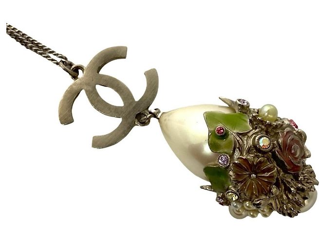 Halskette mit Metallkette und falschen Perlen Coco Mark von CHANEL Silber - Ansicht 4
