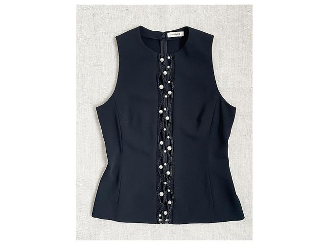 Blusa preta Thierry Mugler com detalhes de pérolas e renda Preto - vista 3