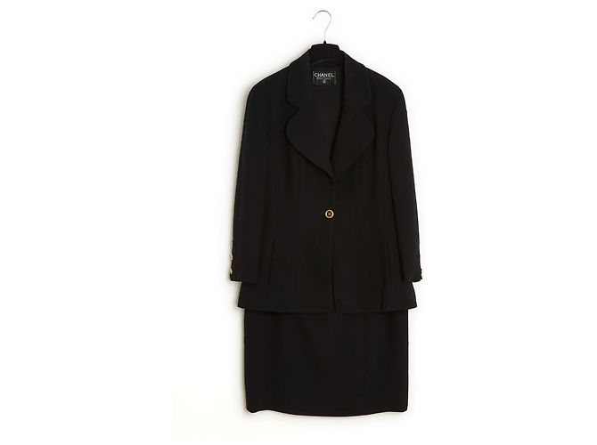 Chanel 1990 Giacca Gonna FR42 Classico Nero CC Set Fine Anni '80 UK14 US12 - vista 2