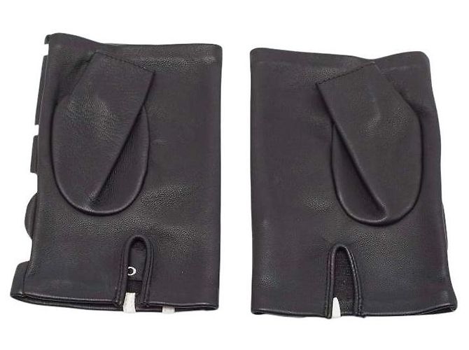 Luvas sem dedos em couro preto e branco com logo CC completo Chanel 22S 7.5 - vista 10
