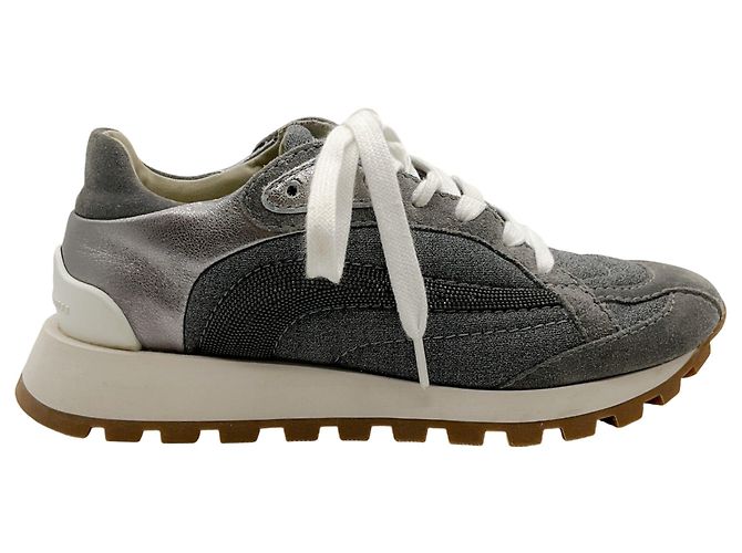 Baskets en lin / daim gris Brunello Cucinelli avec Monili - vue 2