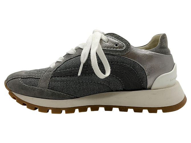 Baskets en lin / daim gris Brunello Cucinelli avec Monili - vue 3