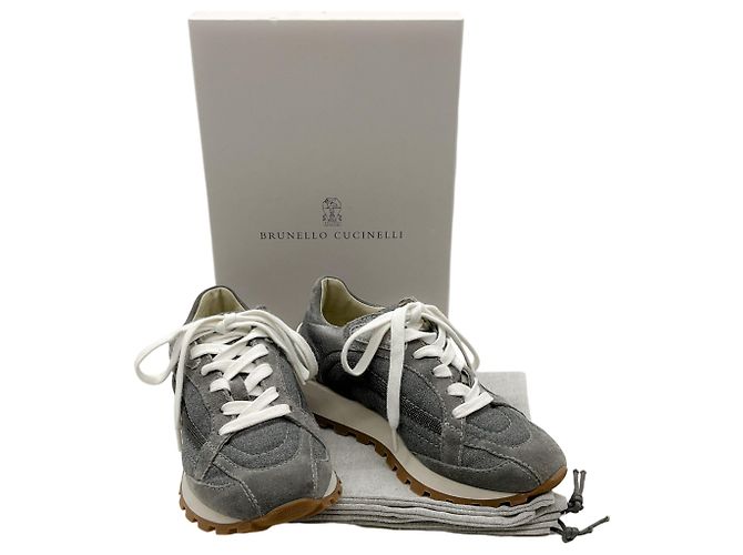 Baskets en lin / daim gris Brunello Cucinelli avec Monili - vue 6