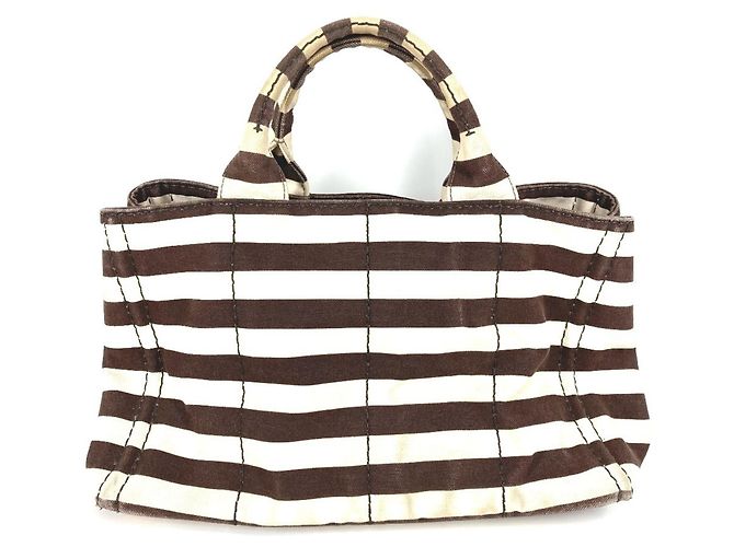 Prada Canapa Logo Border Tote Bag Braun Weiß - Ansicht 2