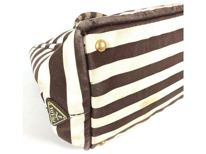 Prada Canapa Logo Border Tote Bag Braun Weiß - Ansicht 4
