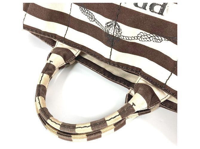 Prada Canapa Logo Border Tote Bag Braun Weiß - Ansicht 5