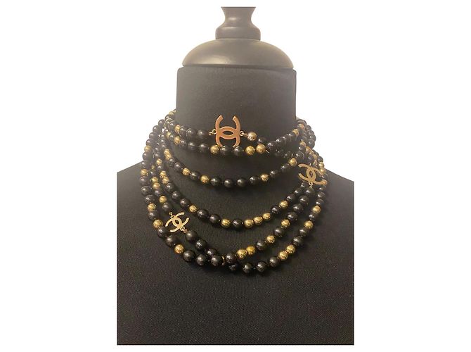 Collana a 3 fili extra lunga 4 CC in perle specchiate nere e dorate 16S di Chanel Nero Gold hardware - vista 6