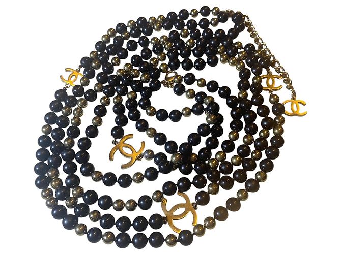 Collana a 3 fili extra lunga 4 CC in perle specchiate nere e dorate 16S di Chanel Nero Gold hardware - vista 7