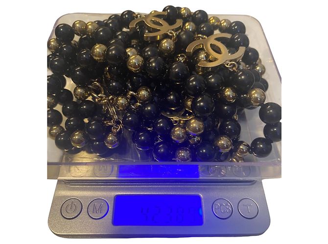 Collana a 3 fili extra lunga 4 CC in perle specchiate nere e dorate 16S di Chanel Nero Gold hardware - vista 8