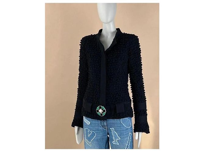 Chanel Tweed-Jacke mit Gripoix-Gürtel FR 42 Schwarz - Ansicht 2